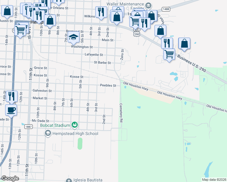 map of restaurants, bars, coffee shops, grocery stores, and more near 1640 1st Street in Hempstead