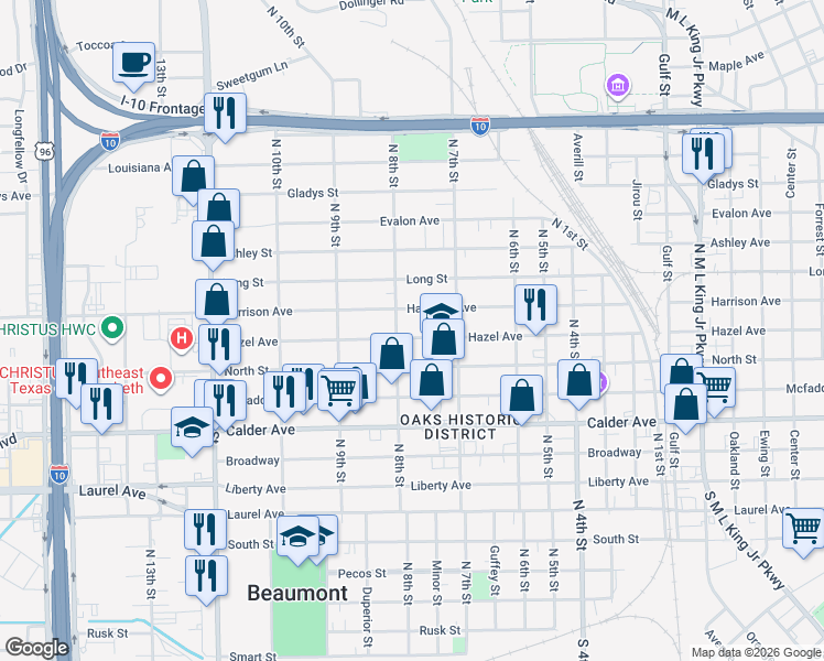 map of restaurants, bars, coffee shops, grocery stores, and more near 2373 Hazel Street in Beaumont