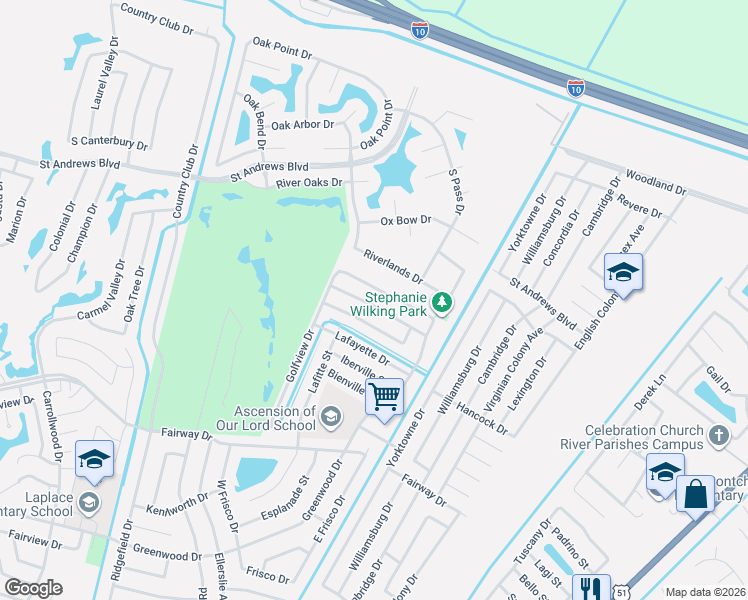map of restaurants, bars, coffee shops, grocery stores, and more near 720 La Salle Drive in LaPlace