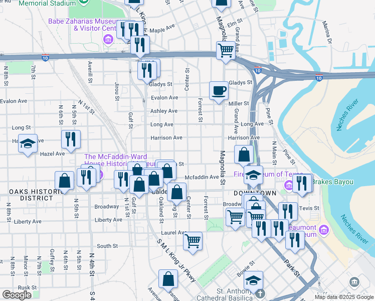 map of restaurants, bars, coffee shops, grocery stores, and more near Center Street in Beaumont