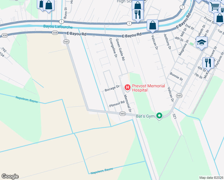 map of restaurants, bars, coffee shops, grocery stores, and more near 104 Melrose Drive in Donaldsonville