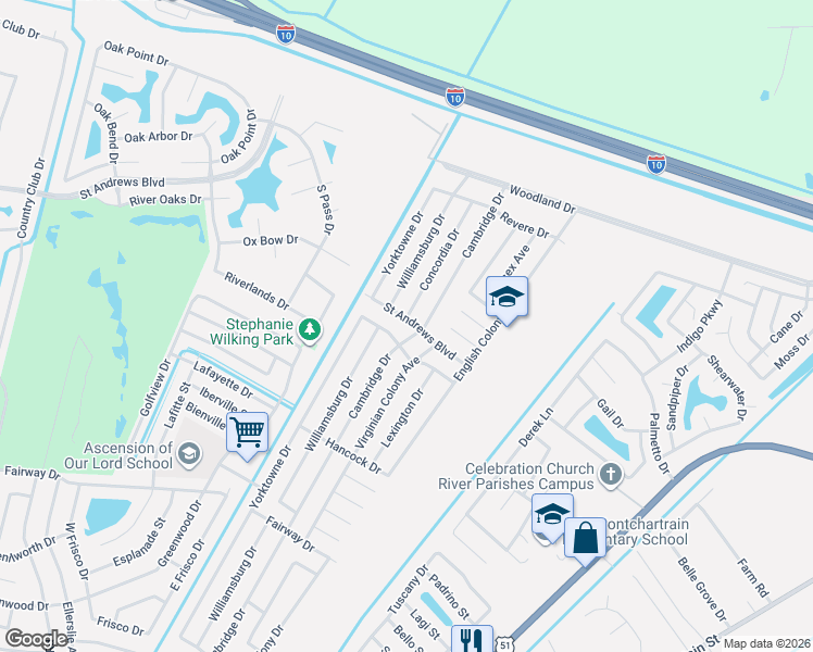 map of restaurants, bars, coffee shops, grocery stores, and more near 2717 Virginian Colony Avenue in LaPlace