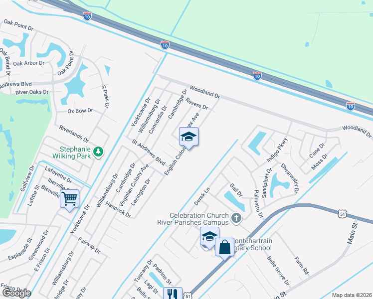 map of restaurants, bars, coffee shops, grocery stores, and more near 2900 English Colony Drive in LaPlace