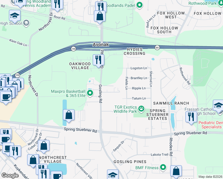 map of restaurants, bars, coffee shops, grocery stores, and more near 5533 Avanak Street in Spring