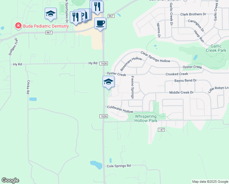 map of restaurants, bars, coffee shops, grocery stores, and more near 801 Farm to Market 1626 in Buda
