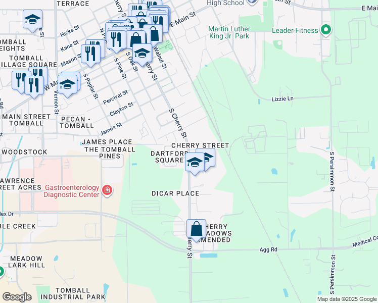 map of restaurants, bars, coffee shops, grocery stores, and more near 1107 South Cherry Street in Tomball