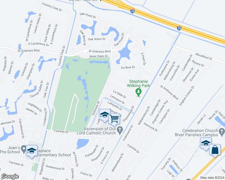 map of restaurants, bars, coffee shops, grocery stores, and more near 701 La Salle Drive in LaPlace
