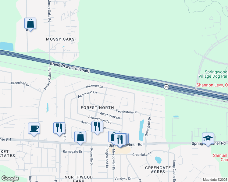 map of restaurants, bars, coffee shops, grocery stores, and more near 3515 Acornrun Lane in Spring