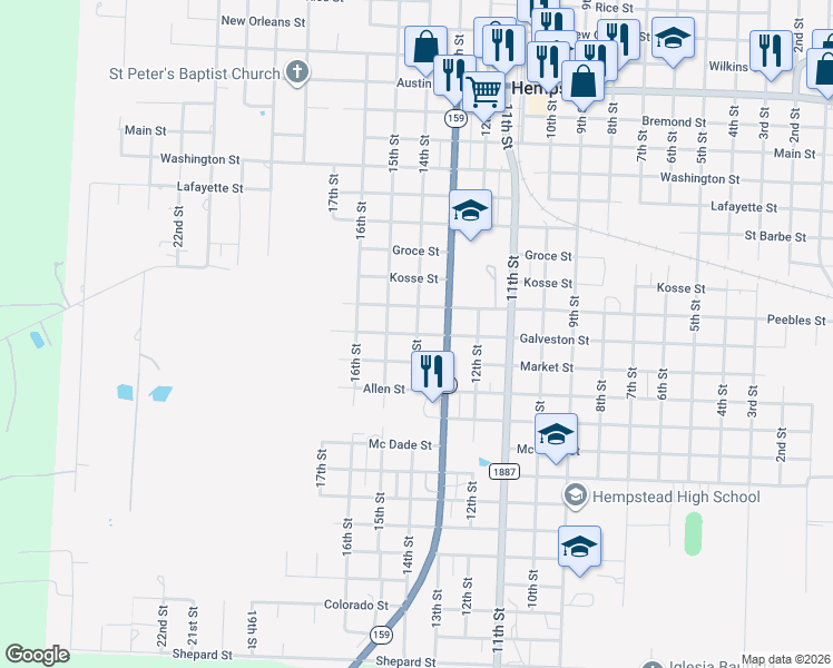 map of restaurants, bars, coffee shops, grocery stores, and more near 1745 14th Street in Hempstead