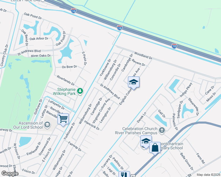 map of restaurants, bars, coffee shops, grocery stores, and more near 2717 Virginian Colony Avenue in LaPlace
