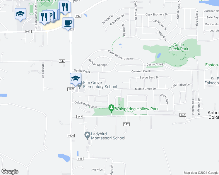 map of restaurants, bars, coffee shops, grocery stores, and more near 261 Wildcat Draw in Buda