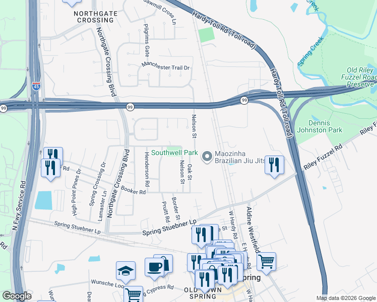 map of restaurants, bars, coffee shops, grocery stores, and more near 27334 Nelson Street in Spring