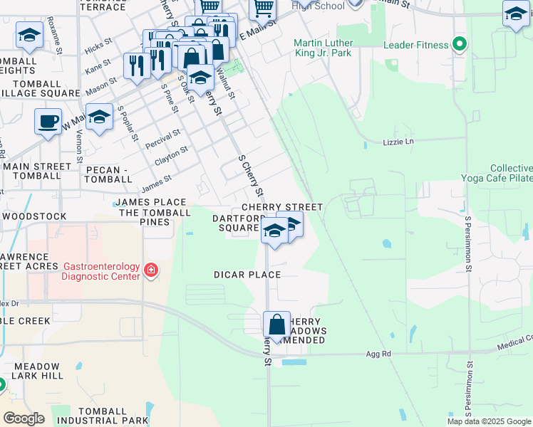 map of restaurants, bars, coffee shops, grocery stores, and more near 1101 South Cherry Street in Tomball