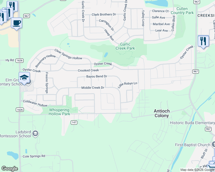 map of restaurants, bars, coffee shops, grocery stores, and more near 150 Chalk Draw Court in Buda