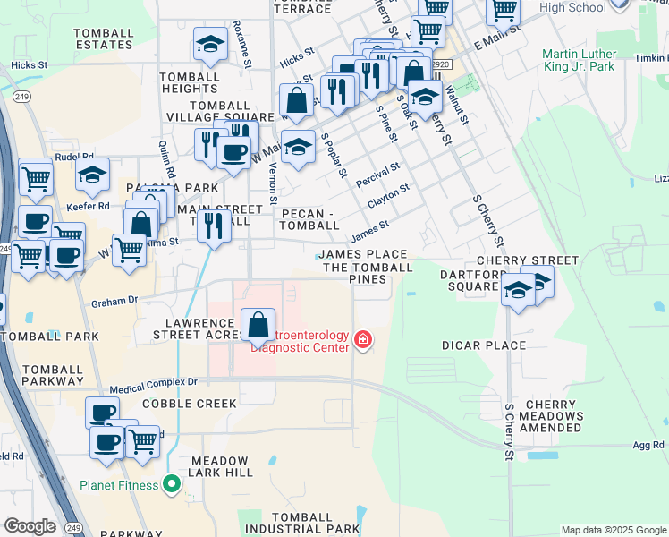 map of restaurants, bars, coffee shops, grocery stores, and more near 506 Graham Drive in Tomball