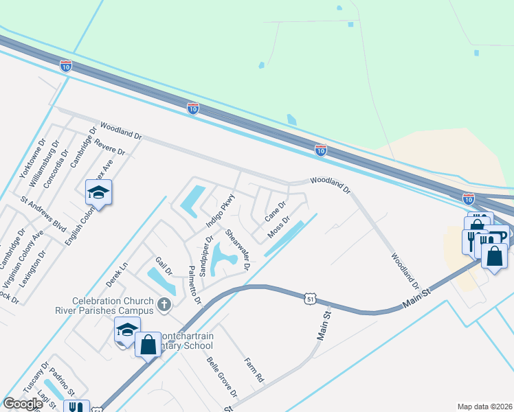 map of restaurants, bars, coffee shops, grocery stores, and more near 14 Pampas Drive in LaPlace