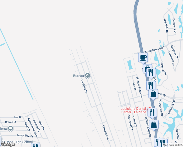 map of restaurants, bars, coffee shops, grocery stores, and more near 648 Magnolia Drive in LaPlace