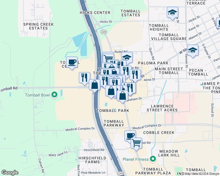 map of restaurants, bars, coffee shops, grocery stores, and more near 14057 Farm-To-Market Road 2920 in Tomball
