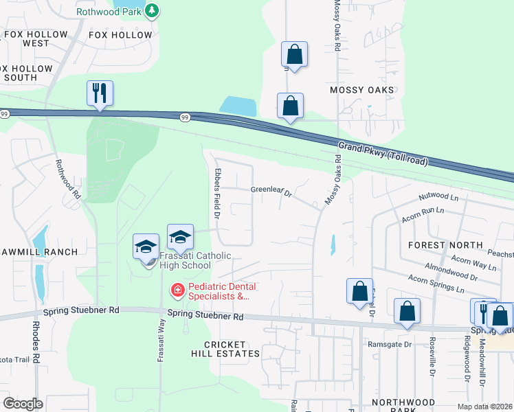 map of restaurants, bars, coffee shops, grocery stores, and more near 4321 Greenleaf Drive in Spring