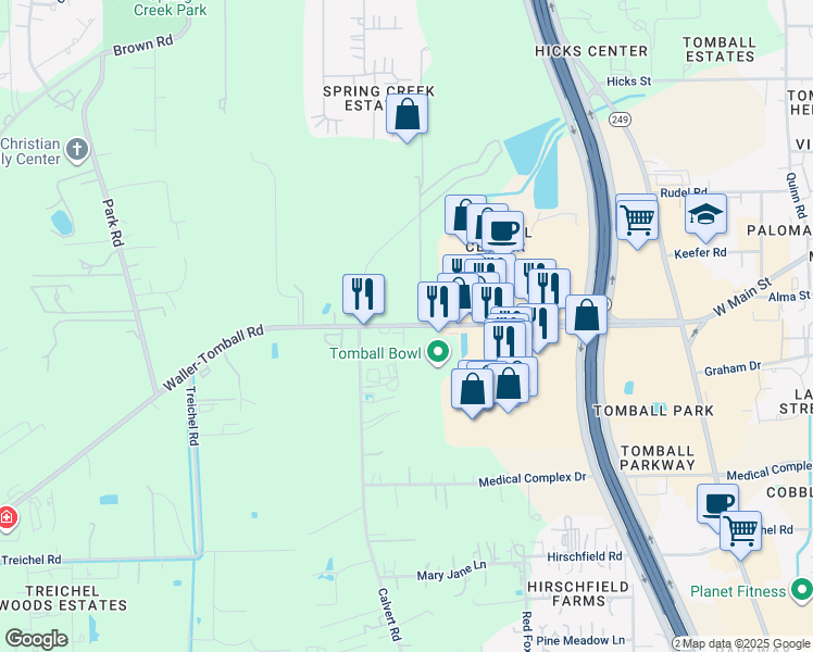 map of restaurants, bars, coffee shops, grocery stores, and more near 14443 Farm to Market 2920 in Tomball