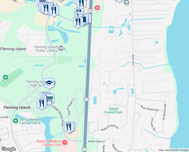 map of restaurants, bars, coffee shops, grocery stores, and more near 2201 Eagle Talon Circle in Fleming Island
