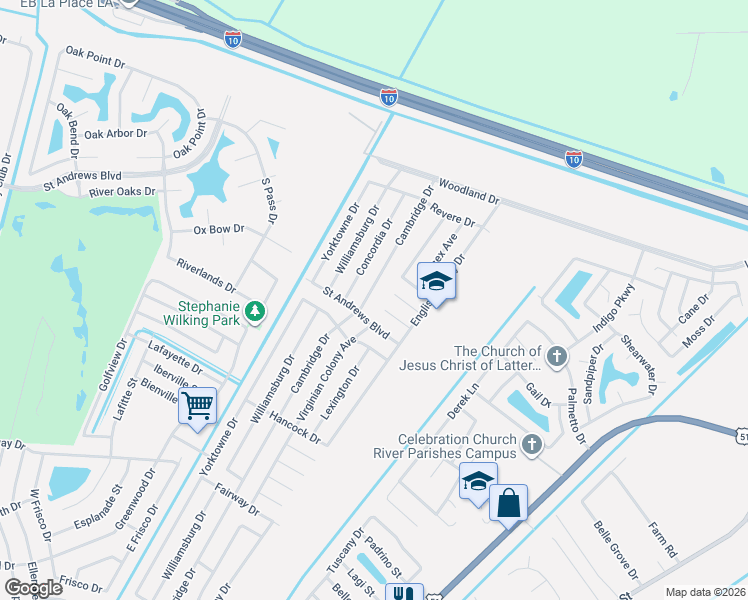 map of restaurants, bars, coffee shops, grocery stores, and more near 2720 Concordia Drive in LaPlace