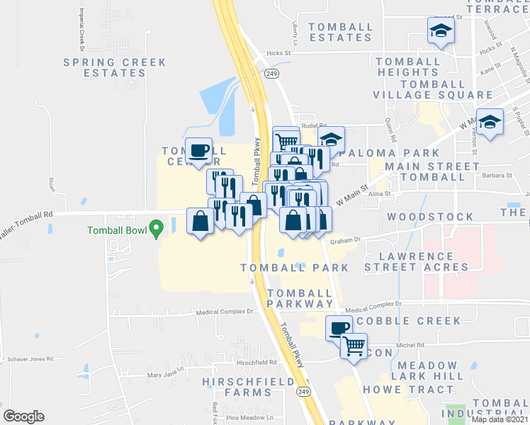 map of restaurants, bars, coffee shops, grocery stores, and more near Texas 249 Access Road in Tomball