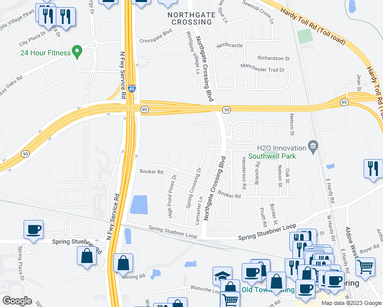 map of restaurants, bars, coffee shops, grocery stores, and more near 22543 Spence Park Court in Spring