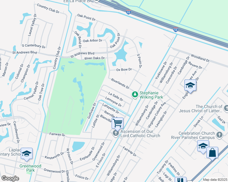 map of restaurants, bars, coffee shops, grocery stores, and more near 2201 Greenwood Drive in LaPlace