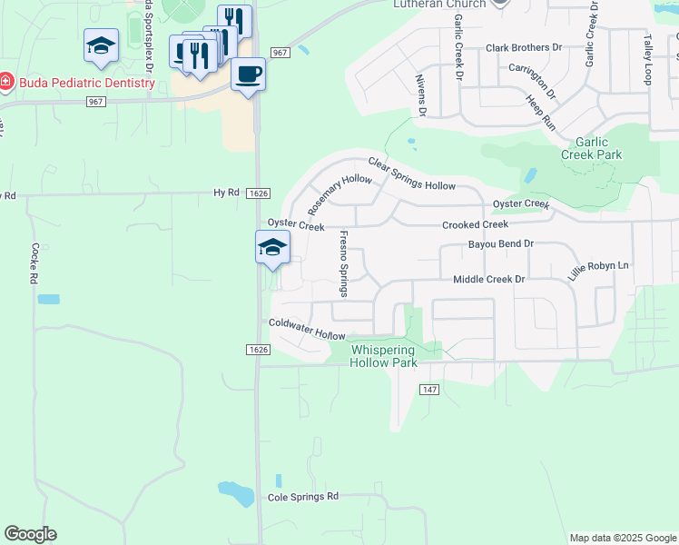 map of restaurants, bars, coffee shops, grocery stores, and more near 181 Fresno Springs in Buda