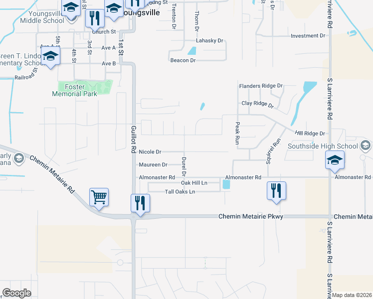 map of restaurants, bars, coffee shops, grocery stores, and more near 300 Durel Drive in Youngsville
