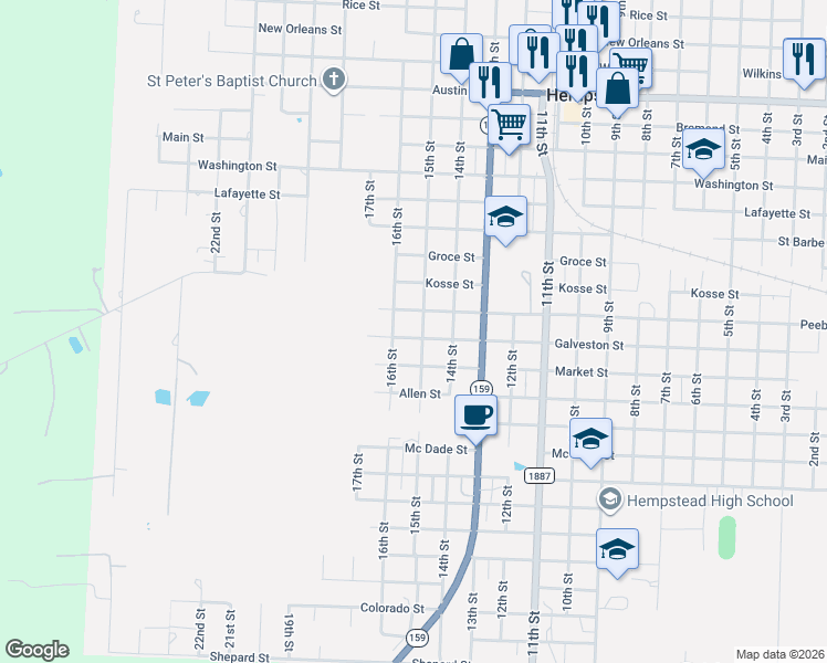 map of restaurants, bars, coffee shops, grocery stores, and more near 1606 16th Street in Hempstead