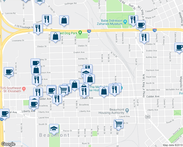 map of restaurants, bars, coffee shops, grocery stores, and more near 2300 Harrison Avenue in Beaumont