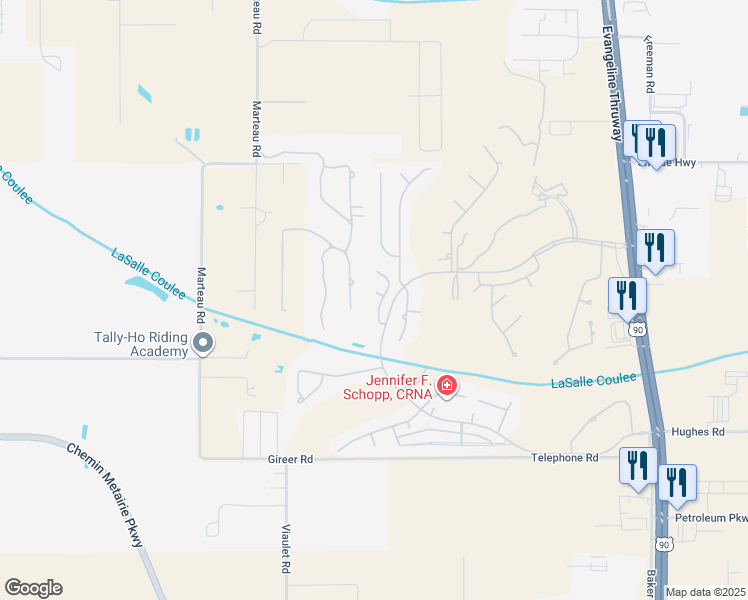 map of restaurants, bars, coffee shops, grocery stores, and more near 201 Turnberry Court in Broussard