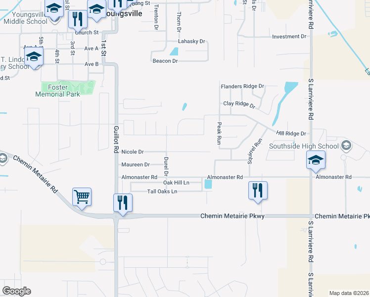 map of restaurants, bars, coffee shops, grocery stores, and more near 120 Nicole Drive in Youngsville