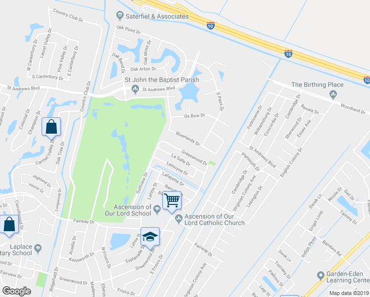 map of restaurants, bars, coffee shops, grocery stores, and more near 2196 Greenwood Drive in LaPlace