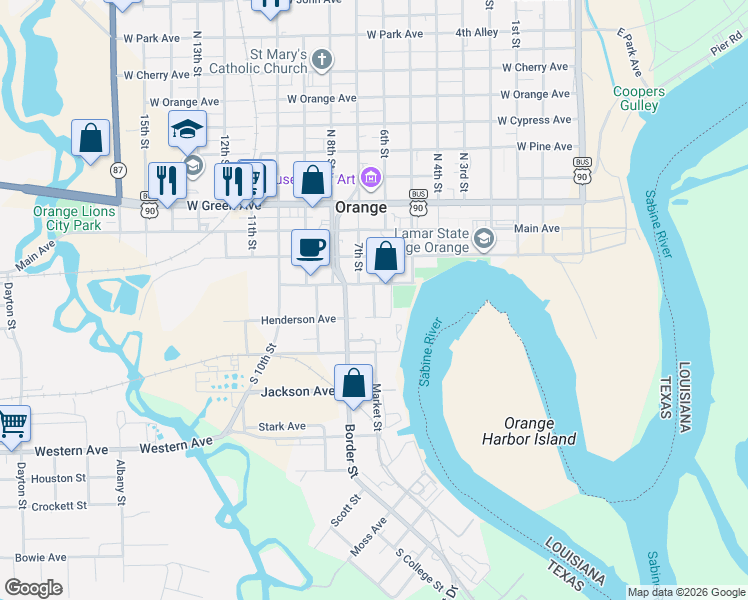 map of restaurants, bars, coffee shops, grocery stores, and more near South Market Street in Orange