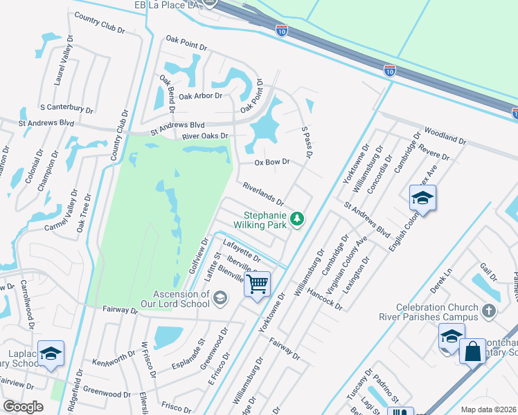 map of restaurants, bars, coffee shops, grocery stores, and more near 2196 Greenwood Drive in LaPlace