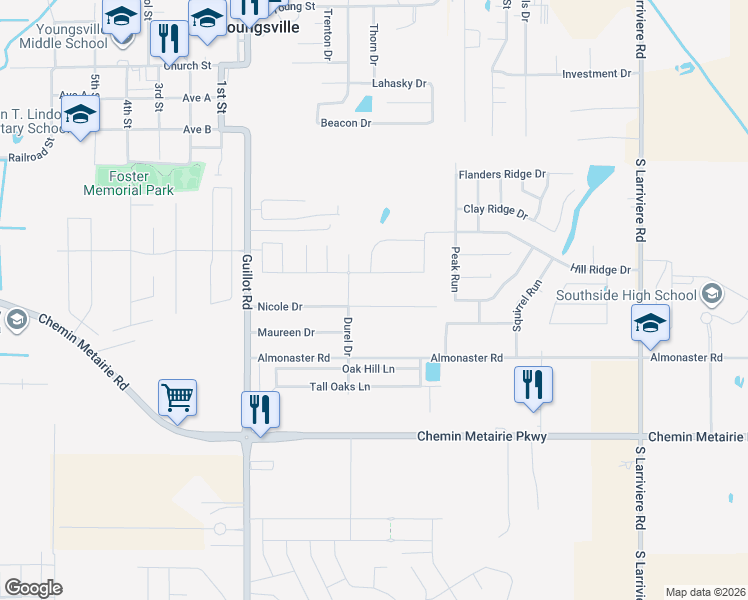 map of restaurants, bars, coffee shops, grocery stores, and more near 120 Nicole Drive in Youngsville