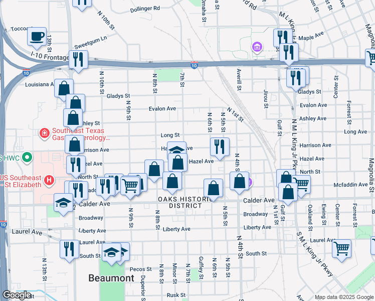 map of restaurants, bars, coffee shops, grocery stores, and more near 880 North 7th Street in Beaumont