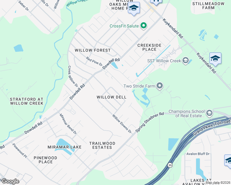 map of restaurants, bars, coffee shops, grocery stores, and more near 18115 Auburn Drive in Tomball