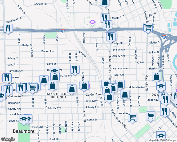 map of restaurants, bars, coffee shops, grocery stores, and more near 1898 Harrison Avenue in Beaumont