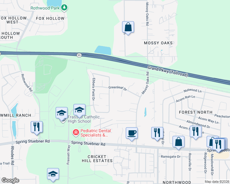 map of restaurants, bars, coffee shops, grocery stores, and more near 4321 Greenleaf Drive in Spring
