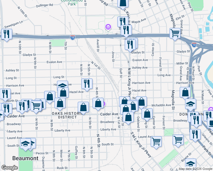 map of restaurants, bars, coffee shops, grocery stores, and more near 1898 Harrison Avenue in Beaumont