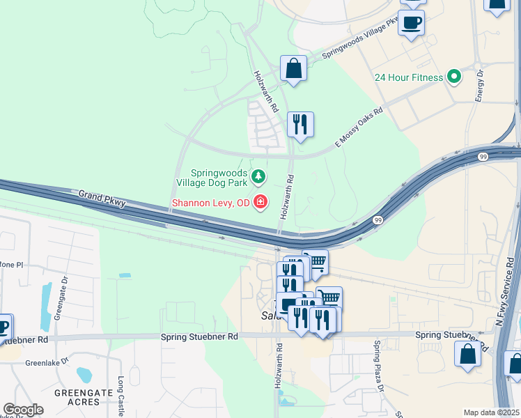 map of restaurants, bars, coffee shops, grocery stores, and more near 22407 Holzwarth Road in Spring