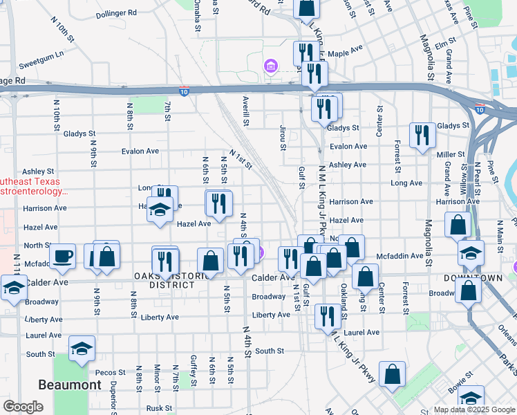 map of restaurants, bars, coffee shops, grocery stores, and more near 1903 Harrison Avenue in Beaumont