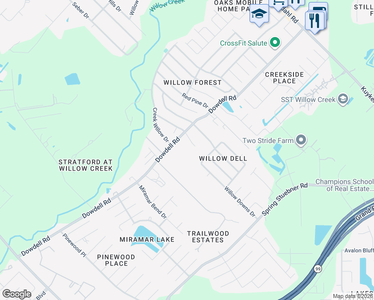 map of restaurants, bars, coffee shops, grocery stores, and more near 8815 Dowdell Road in Tomball