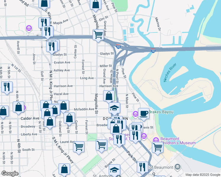 map of restaurants, bars, coffee shops, grocery stores, and more near 875 Willow Street in Beaumont