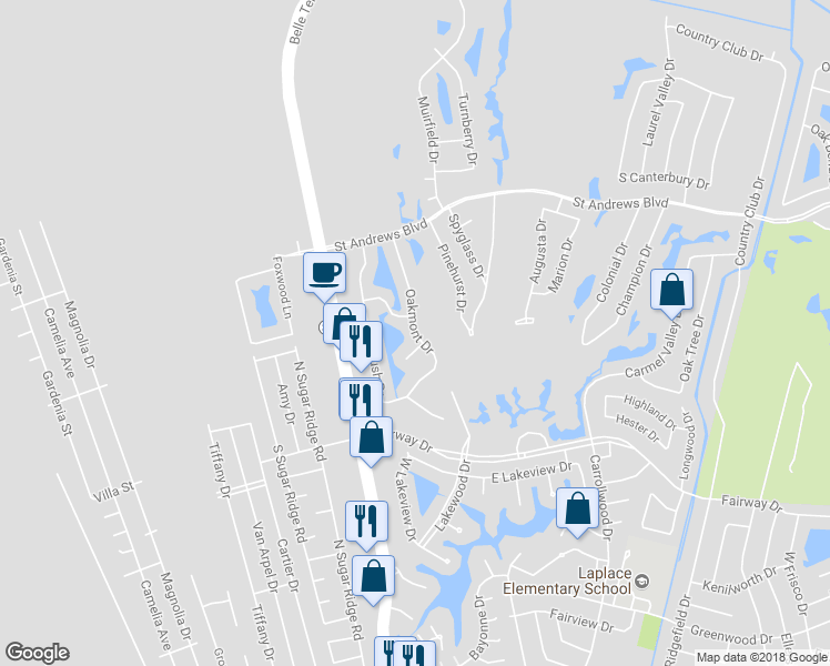 map of restaurants, bars, coffee shops, grocery stores, and more near 131 Oakmont Drive in LaPlace