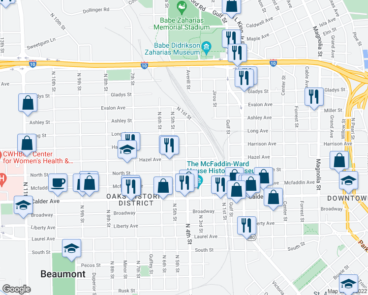 map of restaurants, bars, coffee shops, grocery stores, and more near 895 North 4th Street in Beaumont